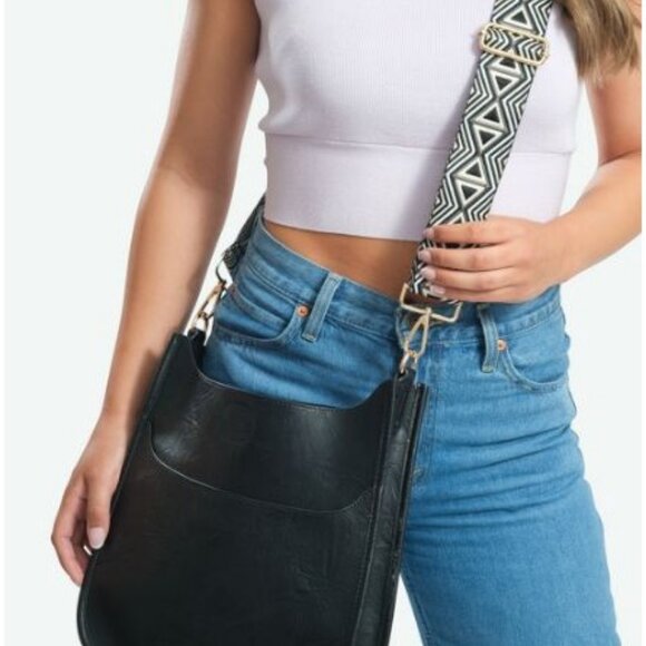 2- Ah Dorned Black Faux Leather Crossbody Bag Aztec Strap NWT - Picture 4 of 16